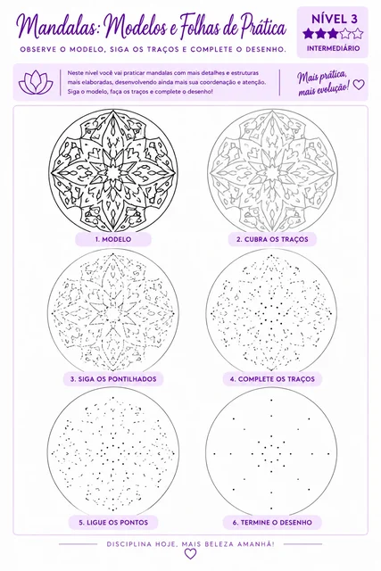 Folha de prática de Nível 3: modelo, traços a cobrir, pontilhado e desenho a completar