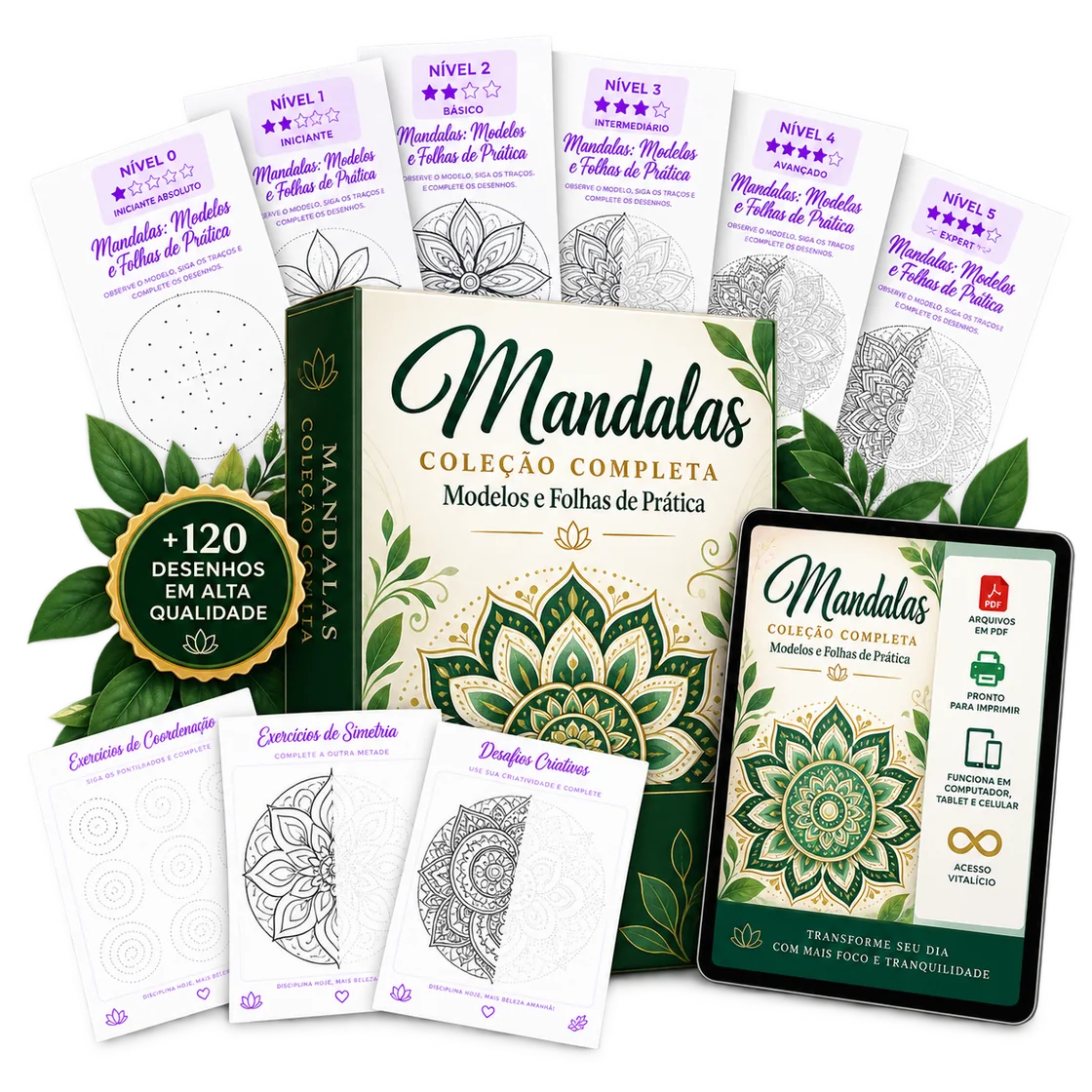 Coleção completa de mandalas: caixa, tablet, as folhas dos níveis 0 a 5 e folhas de exercícios soltas